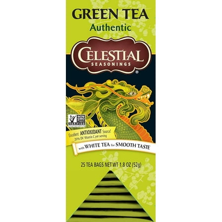 Celestial Seasonings Authentic Green Tea with White Tea 25 Tea Bags – Antioxidant Rich Smooth Taste, 1.8 oz