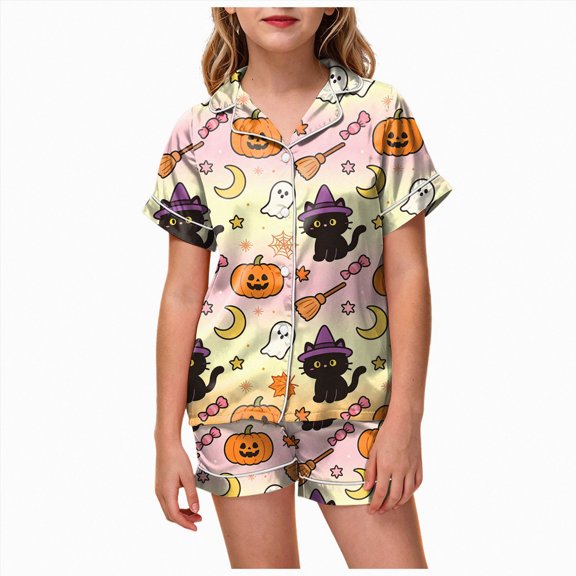 UAYOTSE Girls Lightweight Satin Sleep Outfit, Collared Button‑Front Short‑Sleeve Top and Matching Shorts, Usable Pjs for Sleepovers and Home Relaxation Size 4-5 Years