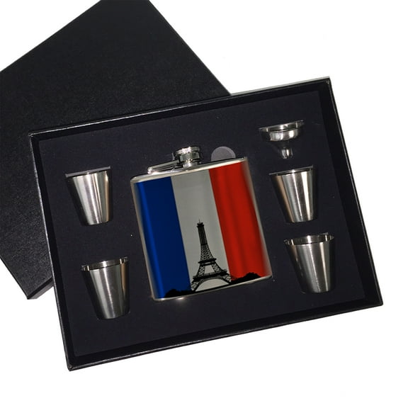 KuzmarK 6 oz. Stainless Steel Flask Set in Black Presentation Box -  French Eiffel Tower