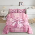 thumbnail image 2 of Manfei Girls Pink Ribbon Bowknot Bedding Comforter Set 2pcs,Geometric Stripes Twin Comforter Sets Microfiber,Dreamy Princess Breathable Bedding Set,Microfiber Bedroom Decor,Reversible, 2 of 8