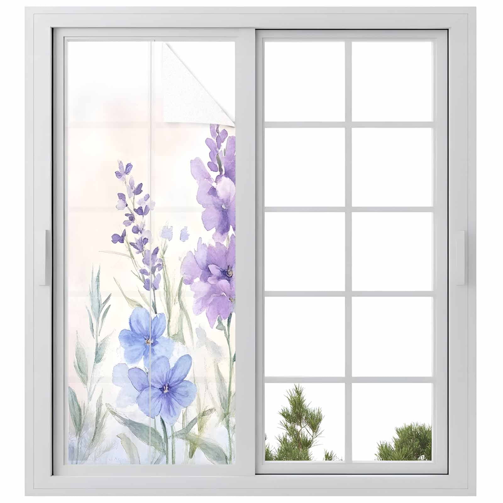 Lavender Spring Window Privacy Film, Farmhouse Pastoral Pastel Flowers Static Cling UV Sun Blocking Tint Film Heat Control Windows Films for Bedroom Bathroom, Window Stickers 23.6"x59"