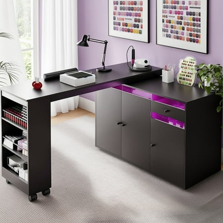 Advwin Rotating L-Shaped Manicure Table with Dust Collector LED Light Storage Cabinets & Shelves Modern Nail Desk for Nail Tech Space-Saving Manicure Workstation for Salon or Home Black