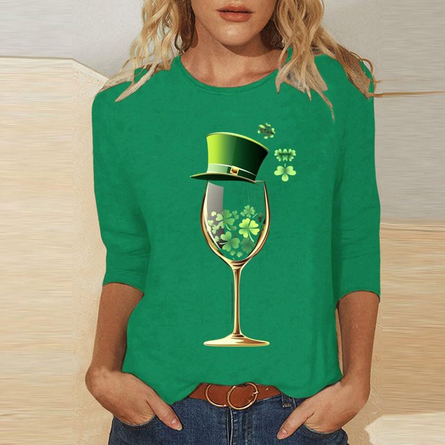 Meichang T-Shirts Verts pour Femmes T-Shirts de la Saint-Patrick Manches 3/4 Hauts Graphiques Trèfle Chanceux T-Shirts Col Rond Amples Cadeaux de Vacances Blouses Tees