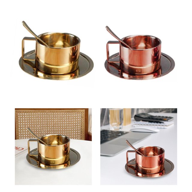 Tazas de Té de Café con Aislamiento de Acero Inoxidable BLESIY con Platillo Y Cuchara