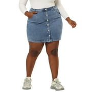 MODA NOVA Junior's Plus Denim Skirts Mini Button A Line Retro Slit Pocket Skirt 1X Sky Blue