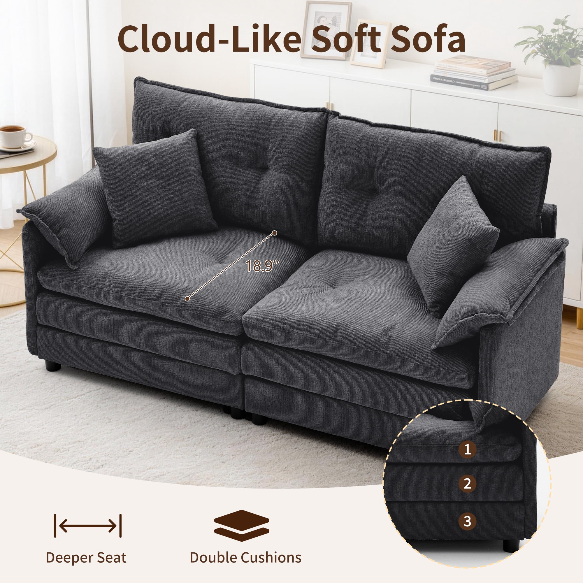 Korser Loveseat Sofa with Deep Seat Cloud Couch with 2 Pillows,Chenille 2-seater Sofa Small Couch for Living Room,Assembly Required,Dark Grey