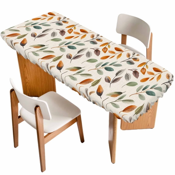 Thanksgiving Eucalyptus Table Cloths for 8 Foot Rectangle Tables, Fall Leaves Autumn Retro Plants Patio Waterproof Elastic Fitted Tablecloths, Washable Rectangular Table Cover for Camping
