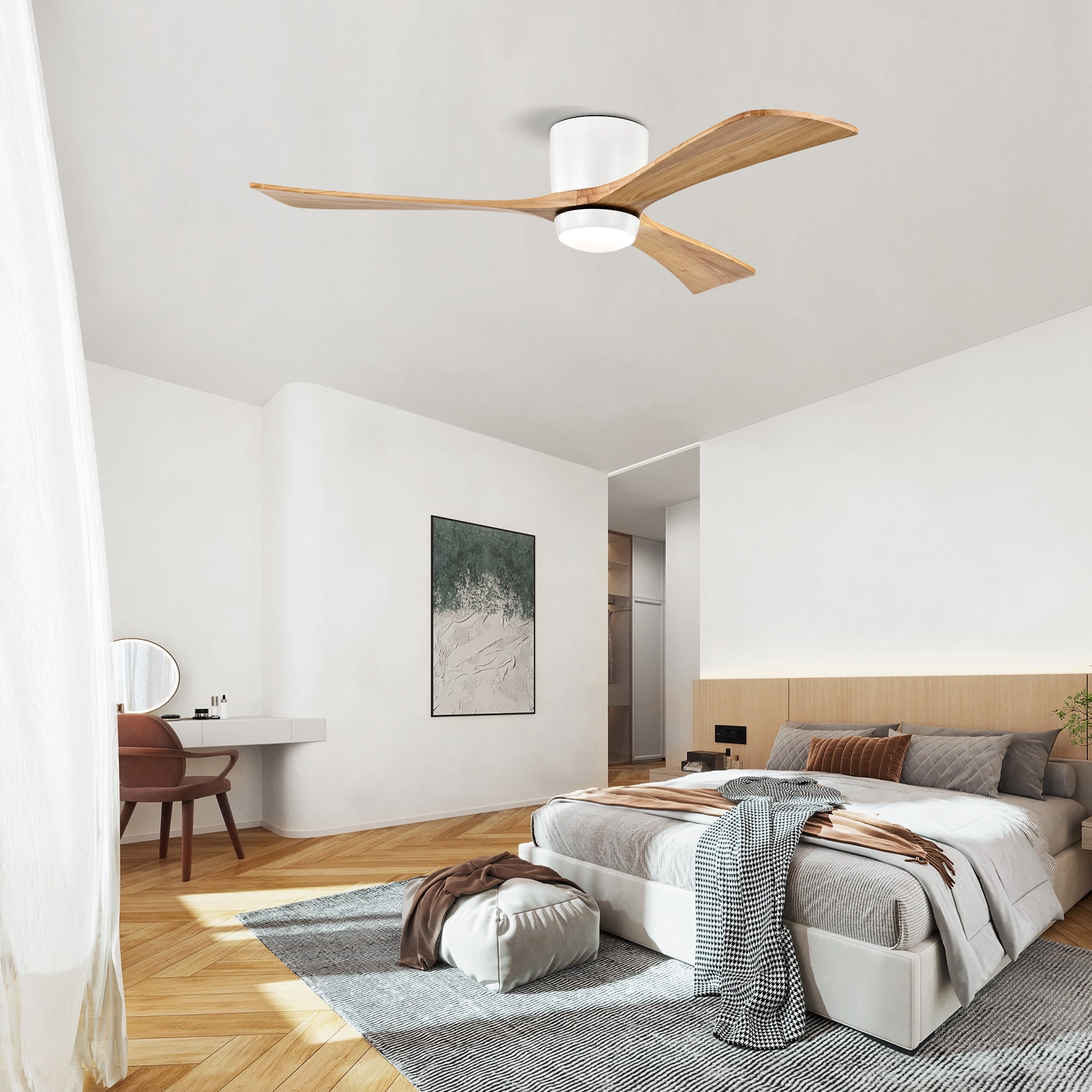 Flush Mount Ceiling Fan with Light, 52 Inch Solid Wood Blade Fan for Household Low Ceiling Room, Matte White Natural Wood