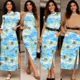 thumbnail image 5 of Jeiento Couples Matching Outfits Womens Hawaiian Dresses Coconut Tree Mens Short Sleeve Button Down Shirts Maxi Summer Dresses for Women Casual Long Sleeveless Crewneck Dress, 5 of 7