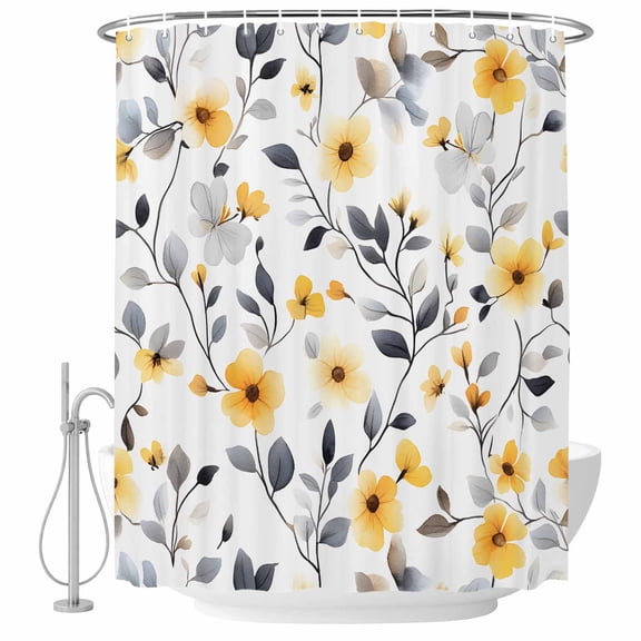 Yellow Floral Spring Shower Curtain Set - Extra Long 72" x 96" Washable Bathtub Curtain with 12 Hooks, Gray Botanical Summer Pastoral Waterproof Fabric Stall Shower Curtains for Bathroom Décor