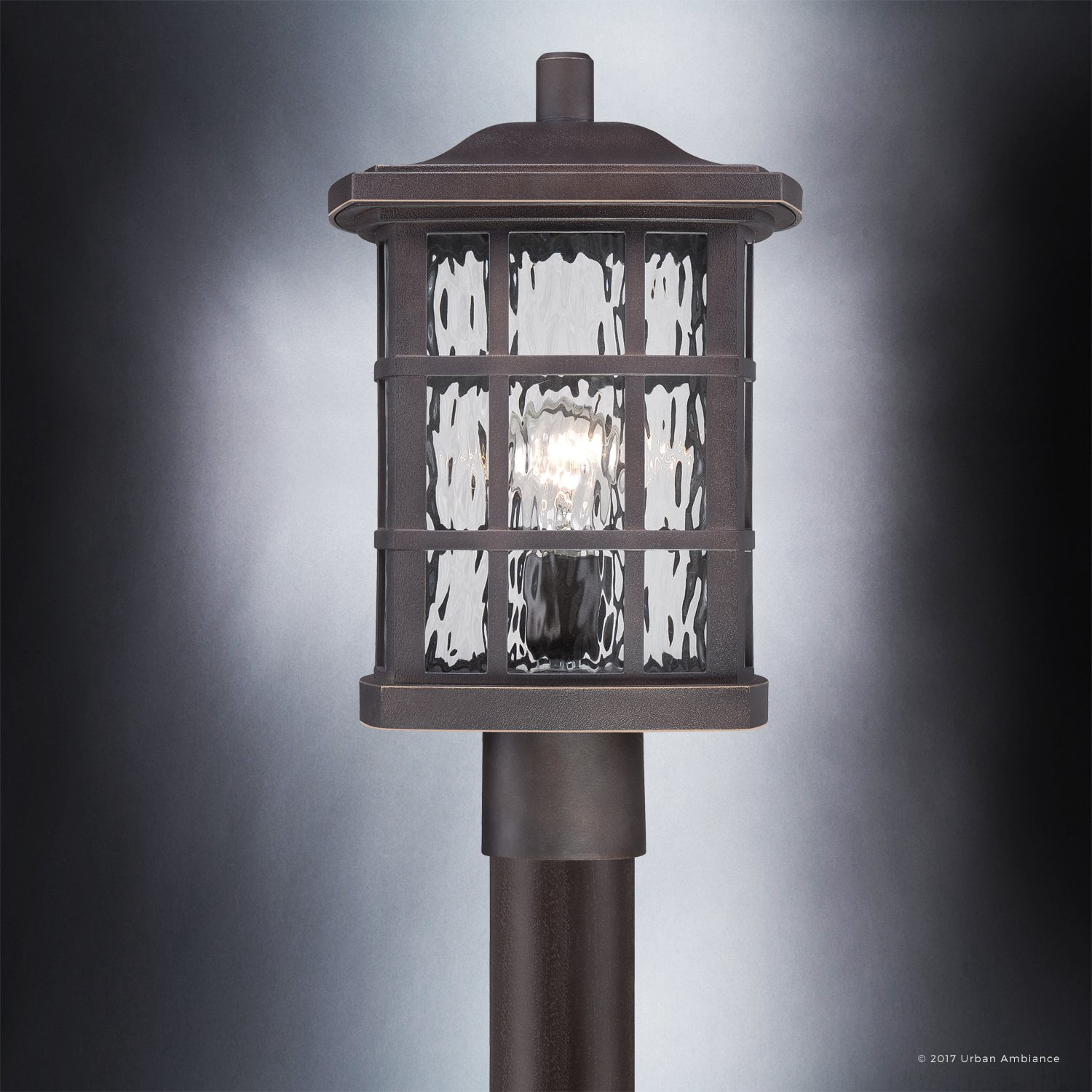 Urban Ambiance Luxury Craftsman Outdoor Post Light, Medium Size: 16.5"H x 9.5"W, with Tudor Style Elements, Highly-Detailed Design, Oil Rubbed Parisian Bronze Finish and Water Glass, UQL1247