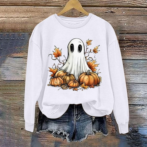 CLOISE Womens Halloween Sweatshirts Funny Ghost Print Oversized Sweatshirts Fall Long Sleeve Round Neck Hoodies Shirts Casual Tees Festival Gift Clothes White XL Spooky