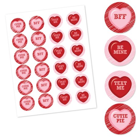 Big Dot of Happiness Conversation Hearts - Assorted Valentine's Day Party Circle Sticker Labels - 24 Count