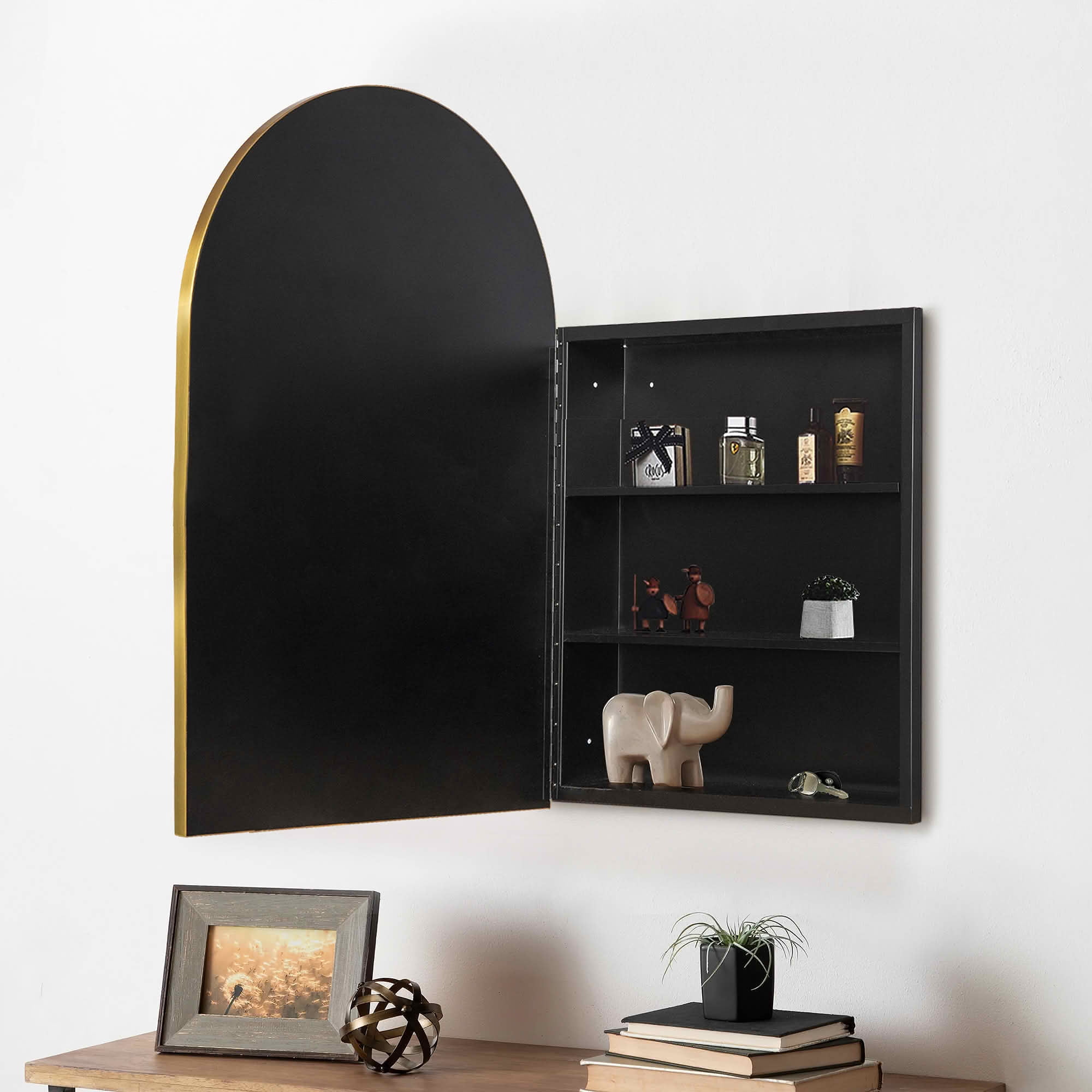 MAYEERTY 36x24x5 Inch Gold Metal Right Angle Arched Medicine Cabinet, Single Piece for Bathroom
