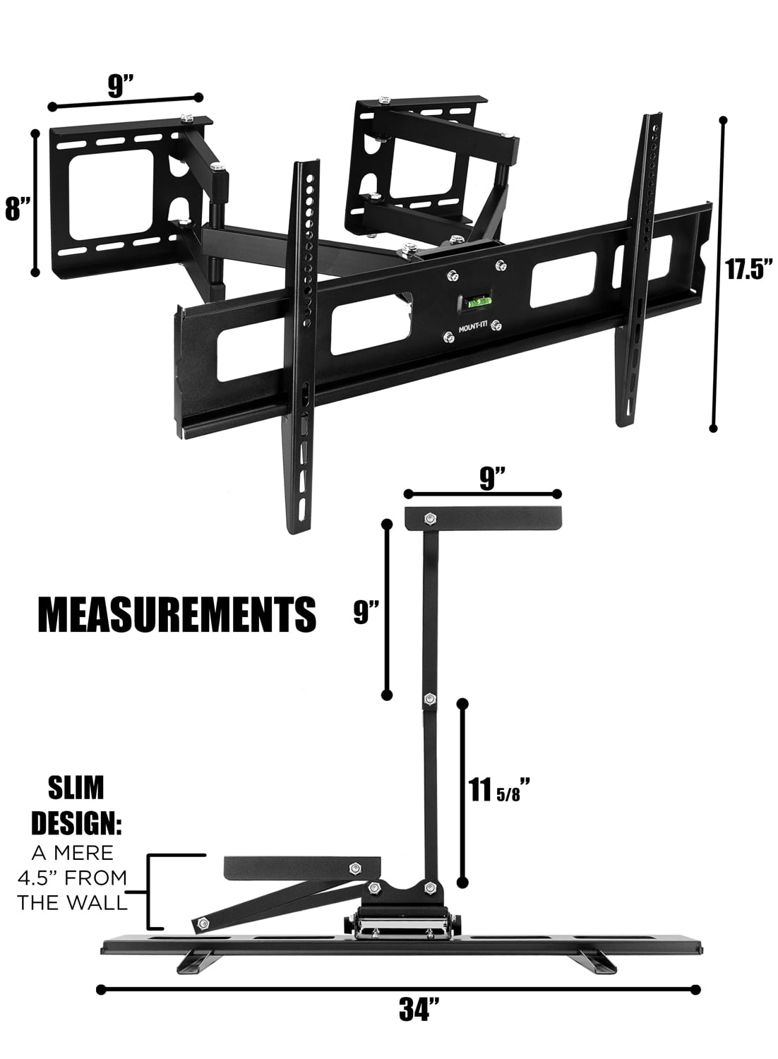 Mount-It! Full Motion Corner or Flat Wall TV Mount, Fits 37" -63" TV's, Capacity 132 lbs.