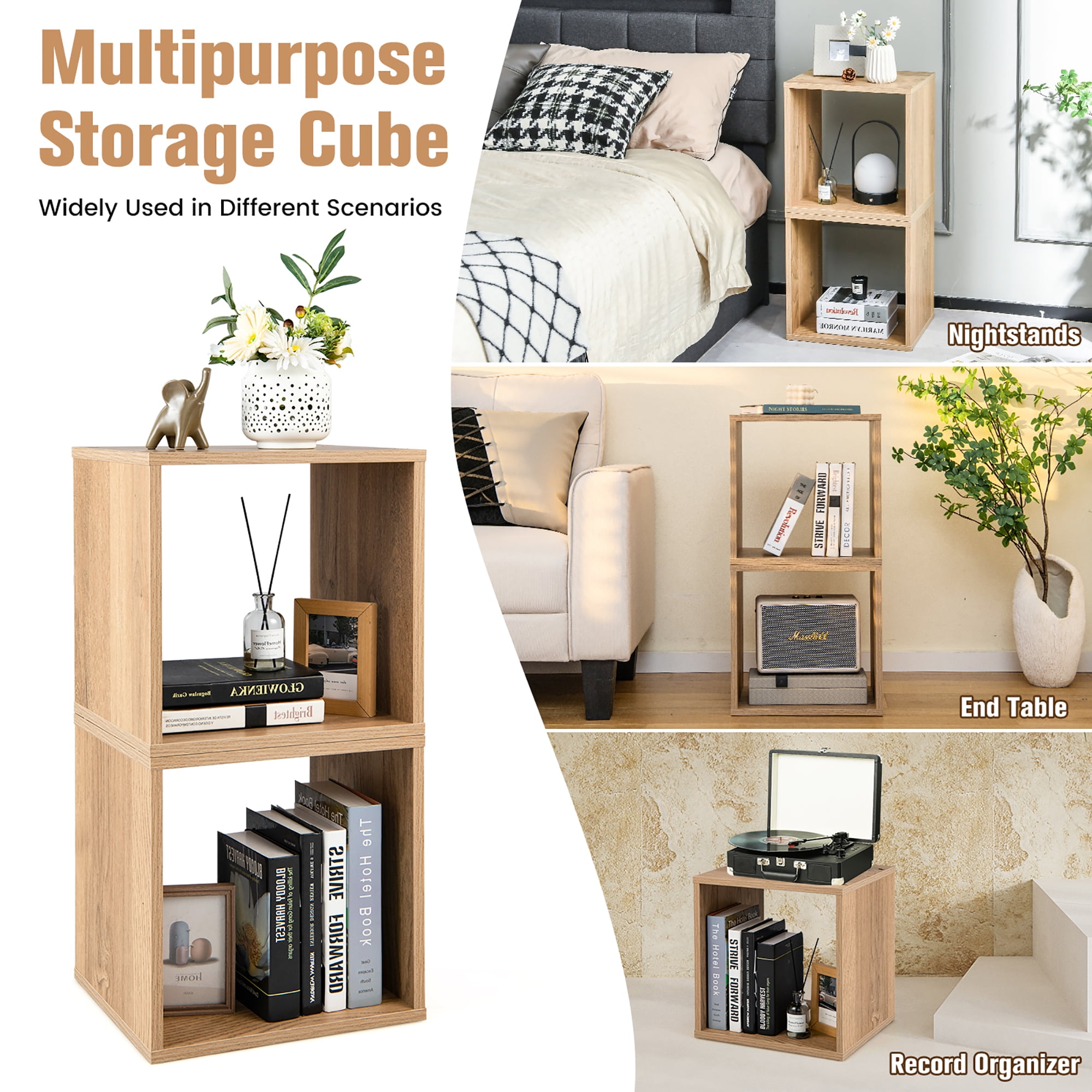 Costway 2 PCS Wood Stackable Storage Cube 2-tier Narrow Bookshelf Vinyl Record Organizer Natural
