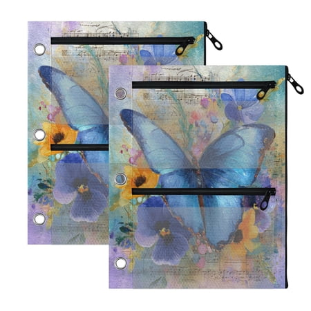 2 Pack 3-Ring Binder Pencil Pouch with Clear PVC Windows Blue Butterfly and Musical Sheets Large Capacity Stationery Bag for Classroom Office Supplies