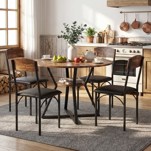 42" Round Dining Table Set with 4 Upholstered Chairs – Industrial Style Kitchen Set, Brown Textured Melamine Top, Black Powder-Coated Steel Frame, 350LBS Capacity