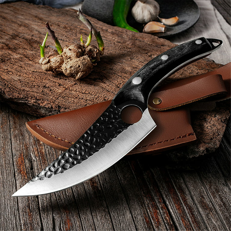 Hand Forged Meat Cleaver 6.3 Inch Kitchen Chef Knife with Leather Sheath  and Gift Box Outdoor Butcher Knife Hammered Chopper Boning Knife for Home