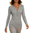 thumbnail image 5 of MYAOYINo Boundaries Womens Slim Fit Long Sleeve Tops Button Down V Neck Ribbed Tee Shirt, 5 of 8
