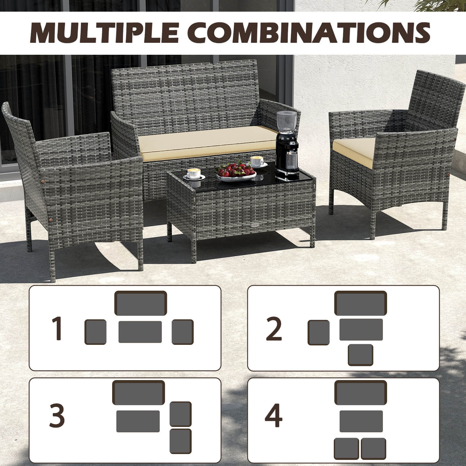Costway 8 PCS Patio Furniture Set with Washable Cushions and Tempered Glass Coffee Table
