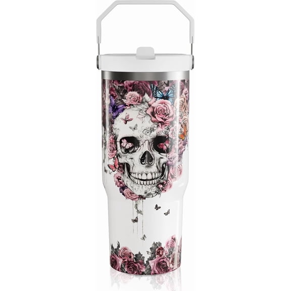 30oz Tumbler with Handle and Flip Straw, Insulated Leak Proof Travel Coffee Mug Reusable Stainless Steel Tumbler (white pink)