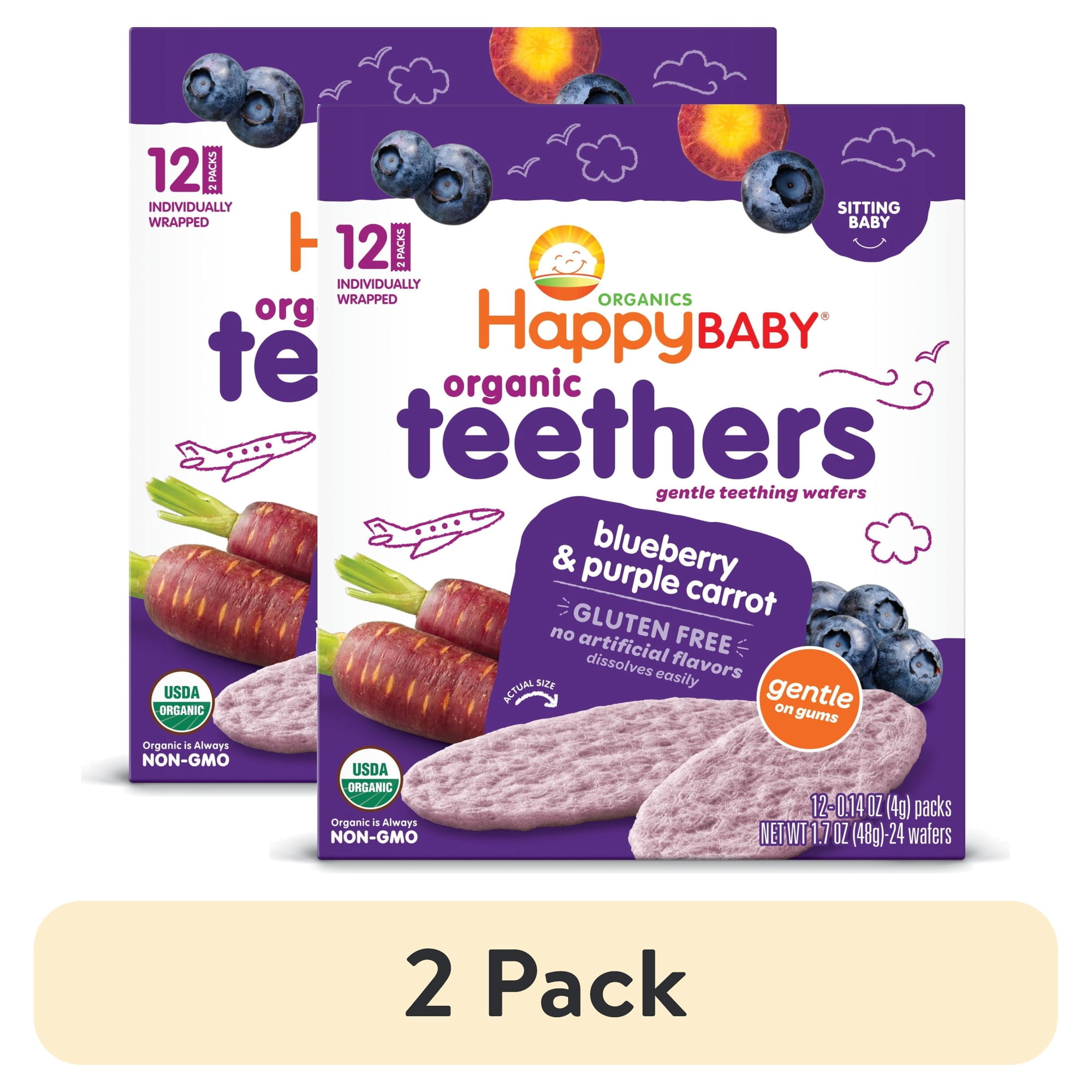 (2 pack) Happy Baby Organics Teethers Blueberry & Purple Carrot Gentle Teething Wafers, Gluten Free, 12 Count 2-Packs
