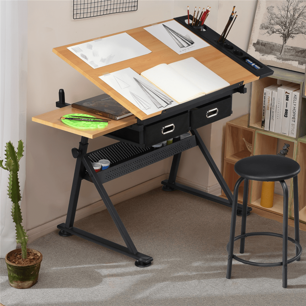 Alden Design Adjustable Drafting Table with Stool, Oak