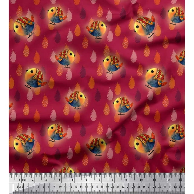 Soimoi Modal Satin Fabric Feather & Bird Cartoon Print Fabric by The Yard 42 Inch Wide