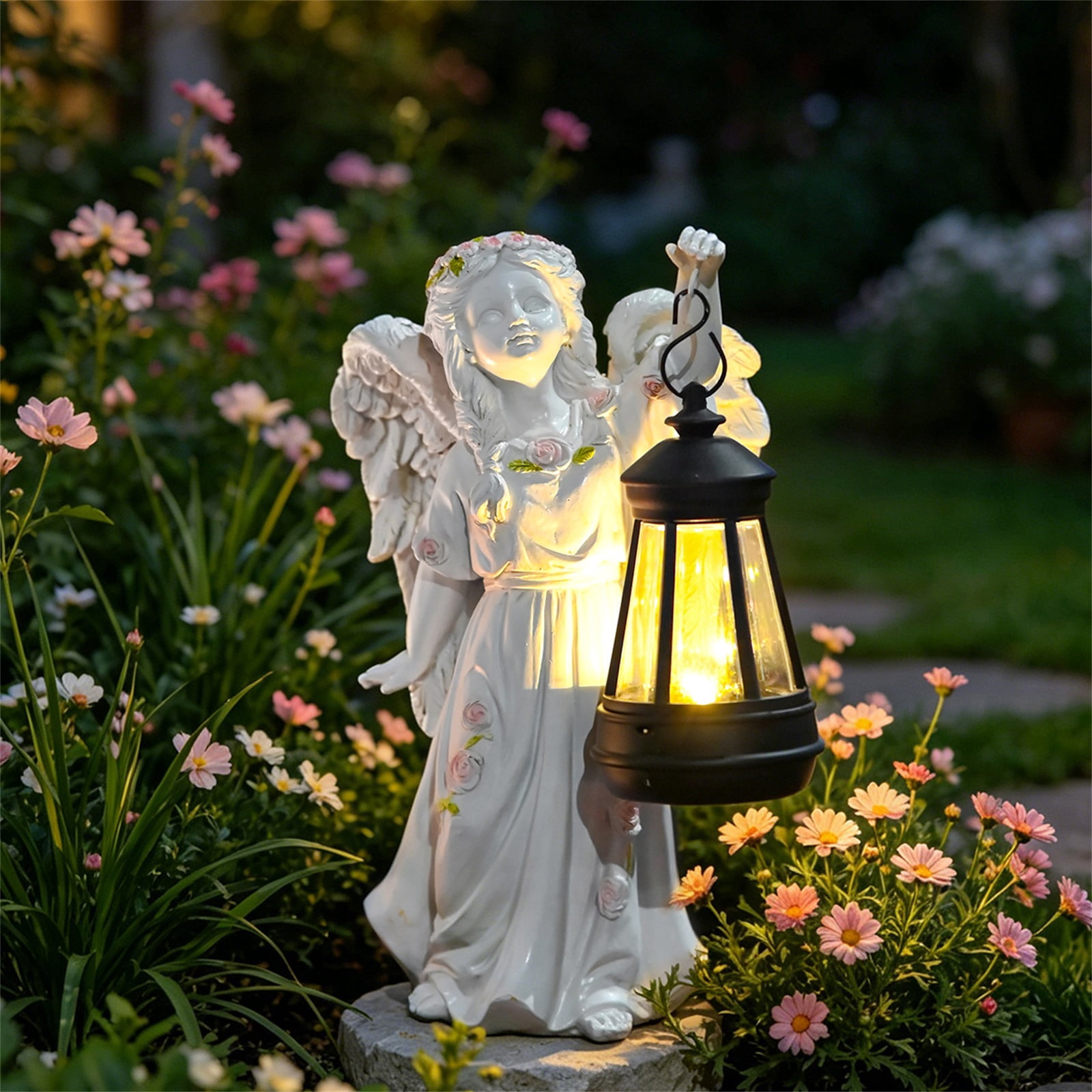 9" Angel Garden Statue with Solar Powered Lantern, Resin Outdoor Sculpture for Yard Art, Garden Decorations Memorial Gift Decor for Patio Porch Walkway, A