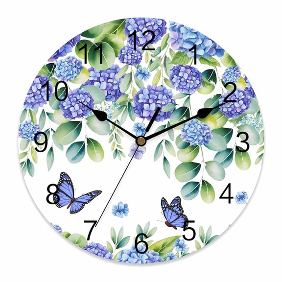 Wall Clock Purple Hydrangea Clocks PVC Silent Non-Ticking Battery Operated Decorative Butterfly Eucalyptus Leaves Round Clock for Home Living Room Kitchen Bedroom Office School Wall Decor 10 Inch