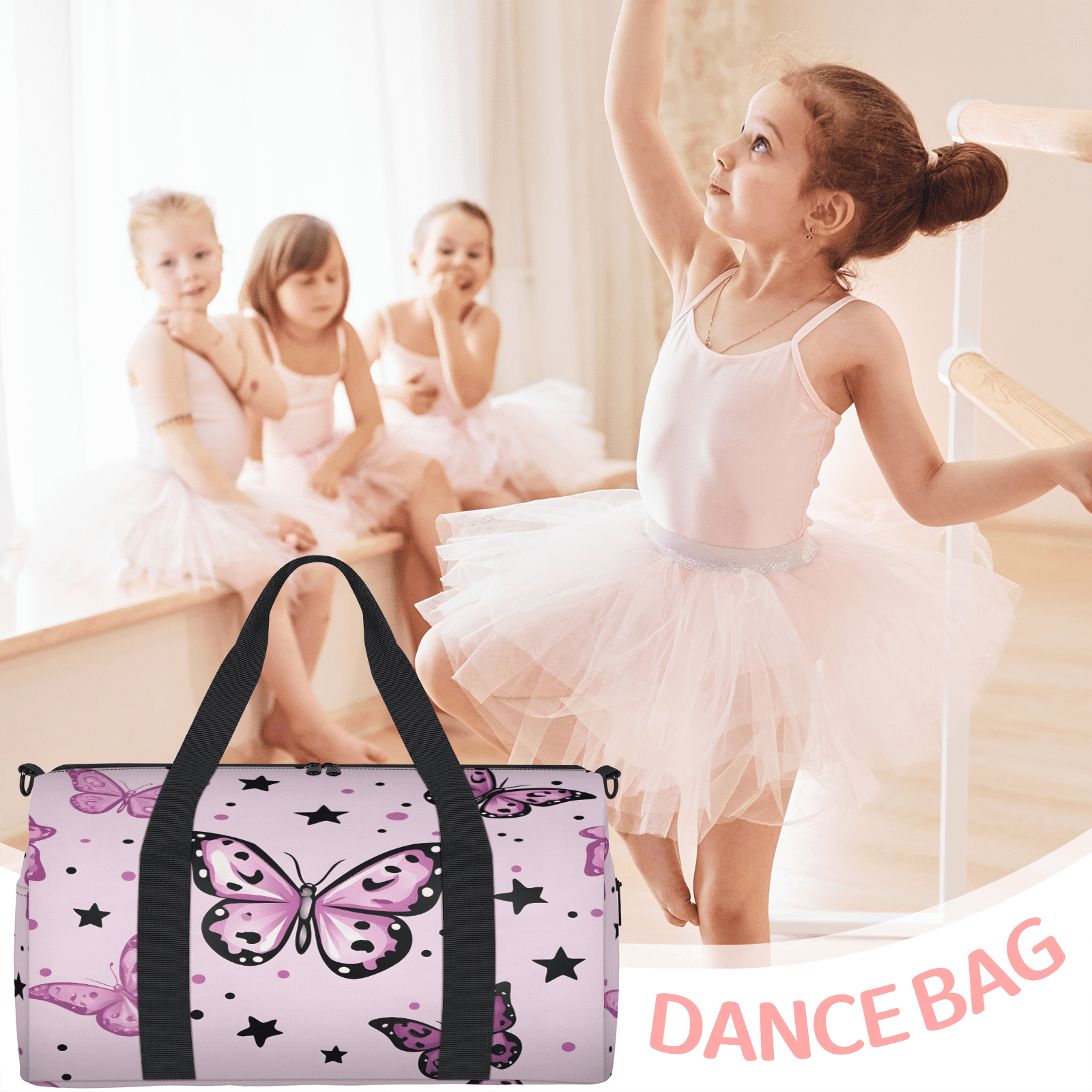 Herdesigns Butterfly Travel Duffle Bag Sports Yoga Weekender Overnight Carry on Workout Bags Lightweight Waterproof Gym Tote Bag for Women Pink
