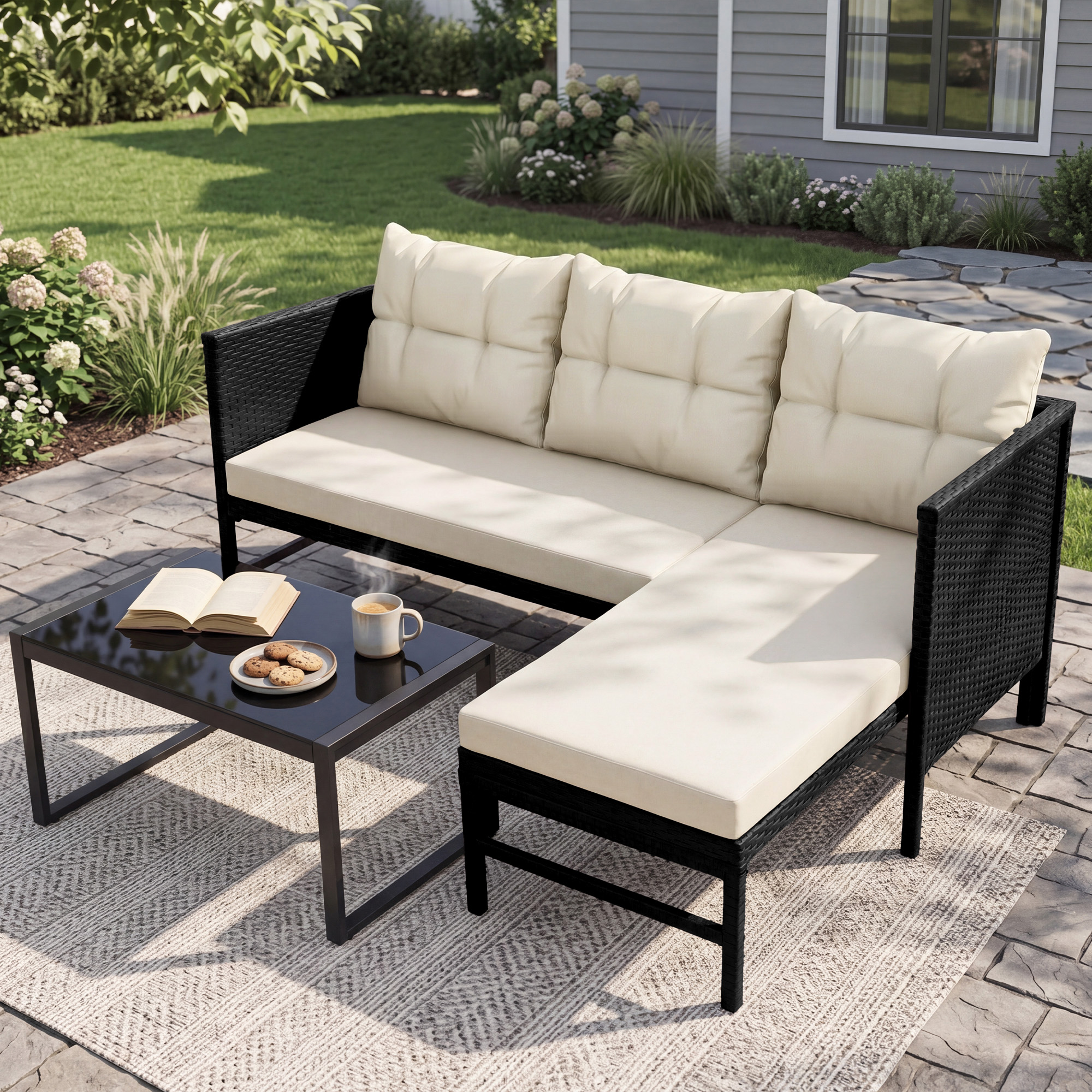 Tappio 5 Piece Patio Furniture Sets, Outdoor Patio Set Sectional Sofa, All-Weather PE Rattan Outdoor Couch with Cushion and Glass Table for Garden, Backyard, Porch, Black/ Beige