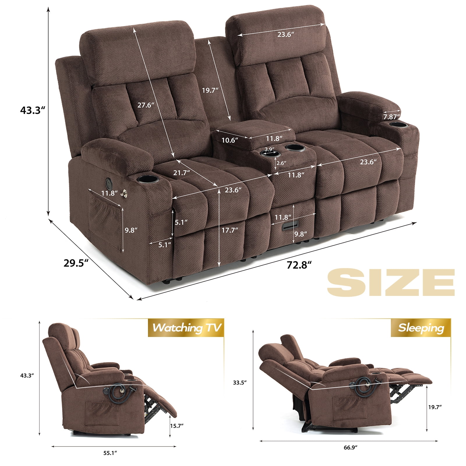 ReeQuo Oversized Reclining Loveseat with Adjustable Headrest, Dual Storage Console, USB & Type-C Charging, 4 Cup Holders & Phone Stands – Comfortable 2-Seater Recliner Sofa, Brown