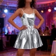 thumbnail image 4 of Mifsaly Shiny Satin Mini Dress Women Pleated A Line Adjustable Straps High Waist Metallic Dresses Dance Evening Party Outfits S, 4 of 6