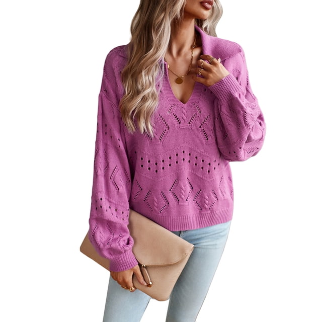 ZAXARRA Women's Fall Basic Knit Sweaters Knitwear Solid Color Jacquard Eyelet V-Neck Lantern Long Sleeve Tops
