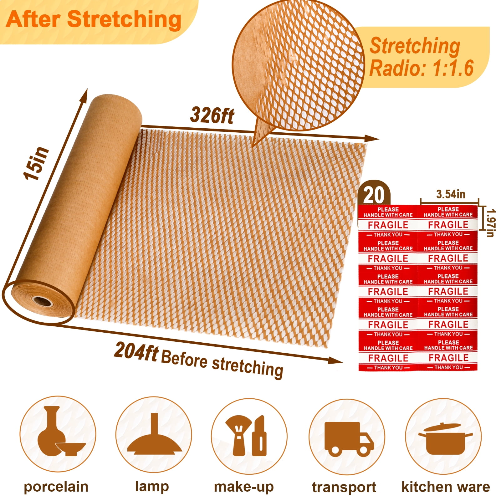 Aovky Honeycomb Packing Paper, 204' x 15" Cushion Packing Paper for Moving Shipping Packaging Breakables, Substitute Alternative for Bubble Cushioning Wrap Roll Kraft with 20 Fragile Stickers