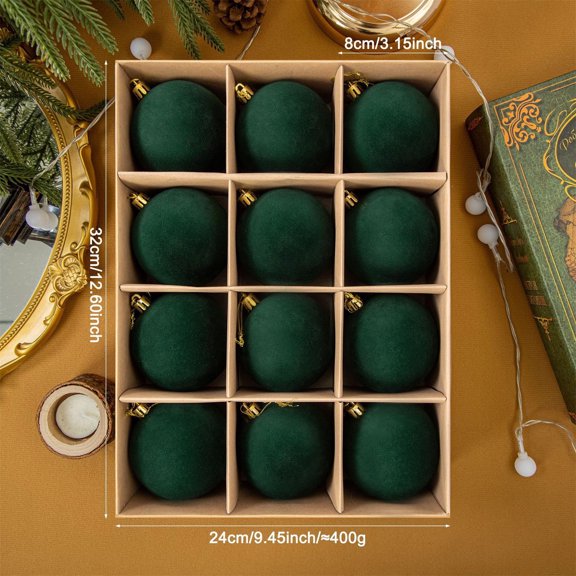 LEFXSMR Christmas Ornaments Set, 3.15" Shatterproof Hanging Balls Christmas Tree Decorations, 12pcs Velvet Christmas Balls for Xmas Tree, Army Green