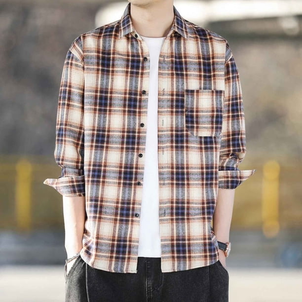 Blusa y camisa de manga larga con cuello vuelto para hombre, informal, con estampado y bolsillo, de poliéster