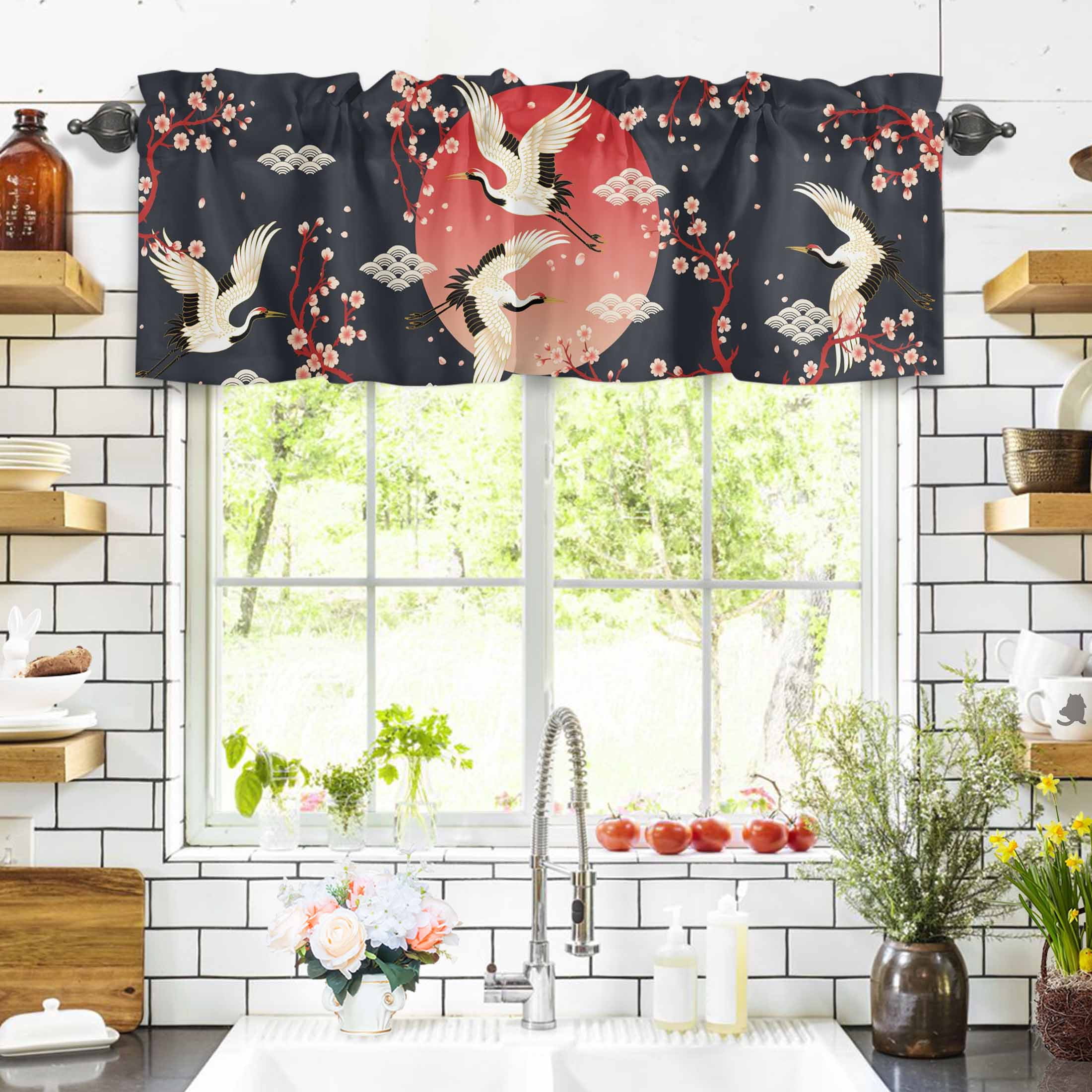 Pink Cherry Blossom Crane Valances for Windows Japanese Style Cloud Black Rod Pocket Curtain Valance Window Treatment Short Curtains for Kitchen Living Room, 60"x18"