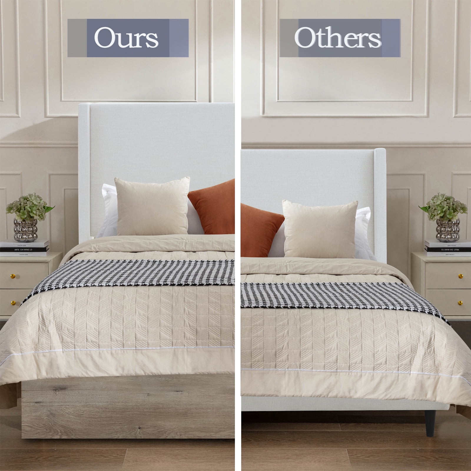 Miniyam Queen Upholstered Wingback Bed with 54" Tall Headboard, Enclosed Base, Heavy-Duty Steel Frame for Adult, Ivory