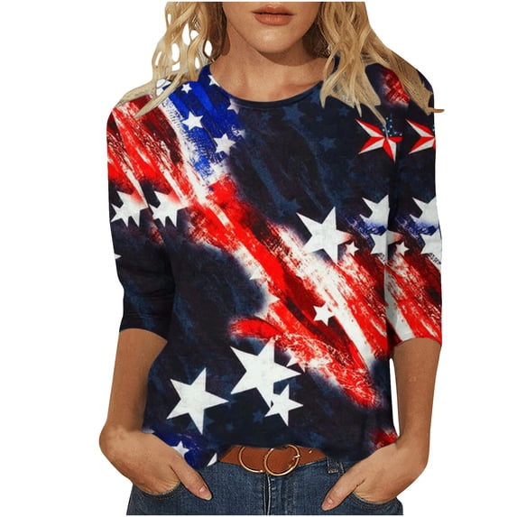 IROINNID 4th of July T-Shirt For Women Fashion Mid-length Blouse Casual Tops Round Neck Women Tops 4th Of July