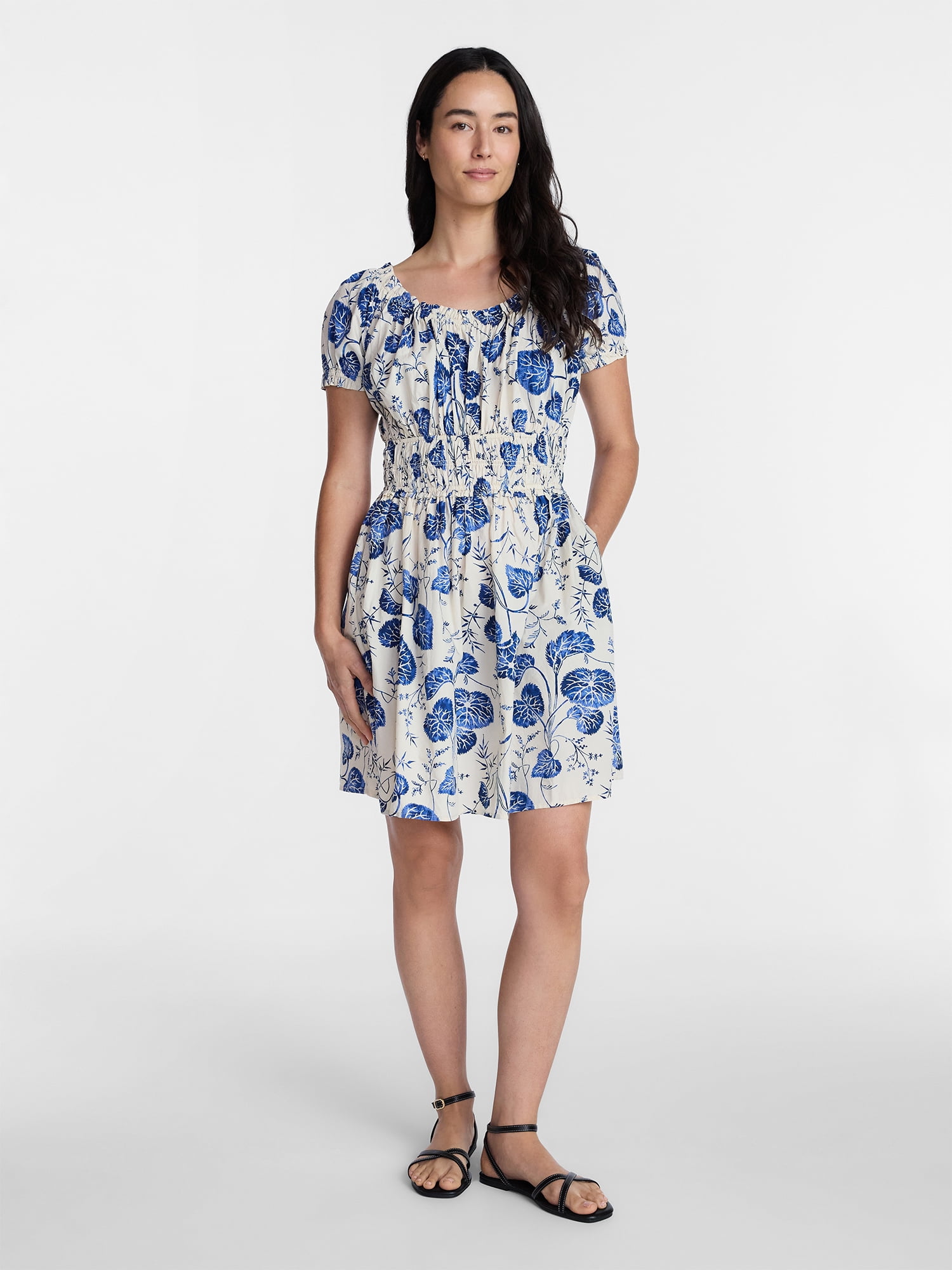 Time and Tru Women's and Women's Plus Peasant Mini Dress With Puff Sleeves, Sizes XS-4X