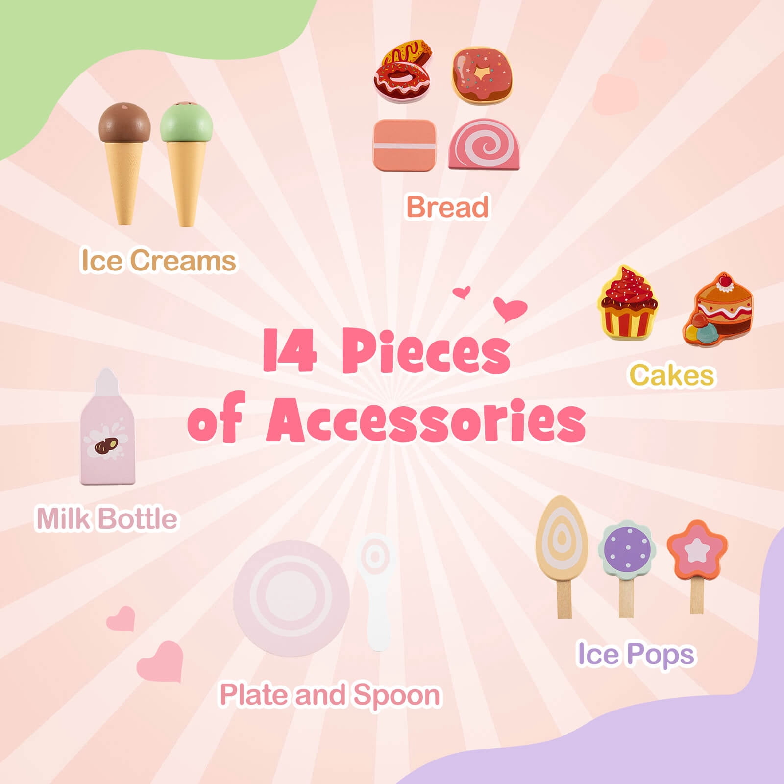 Infans Wooden Baby Walker Ice Cream Cart Toy with Sweet Accessories & Smooth Wheels
