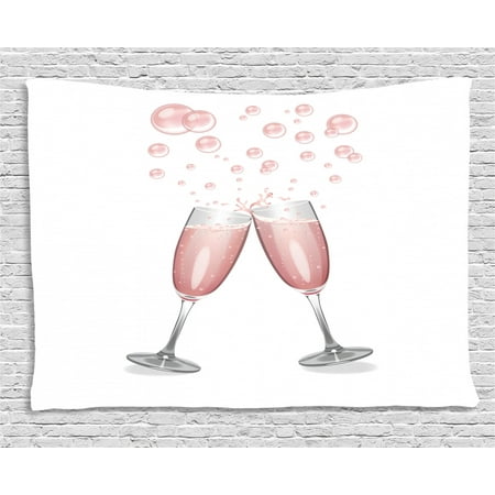 Champagne Tapestry Clinking Glasses With Blush Drink Celebration Themed Party Illustration Wall Hanging For Bedroom Living Room Dorm Decor 80w X