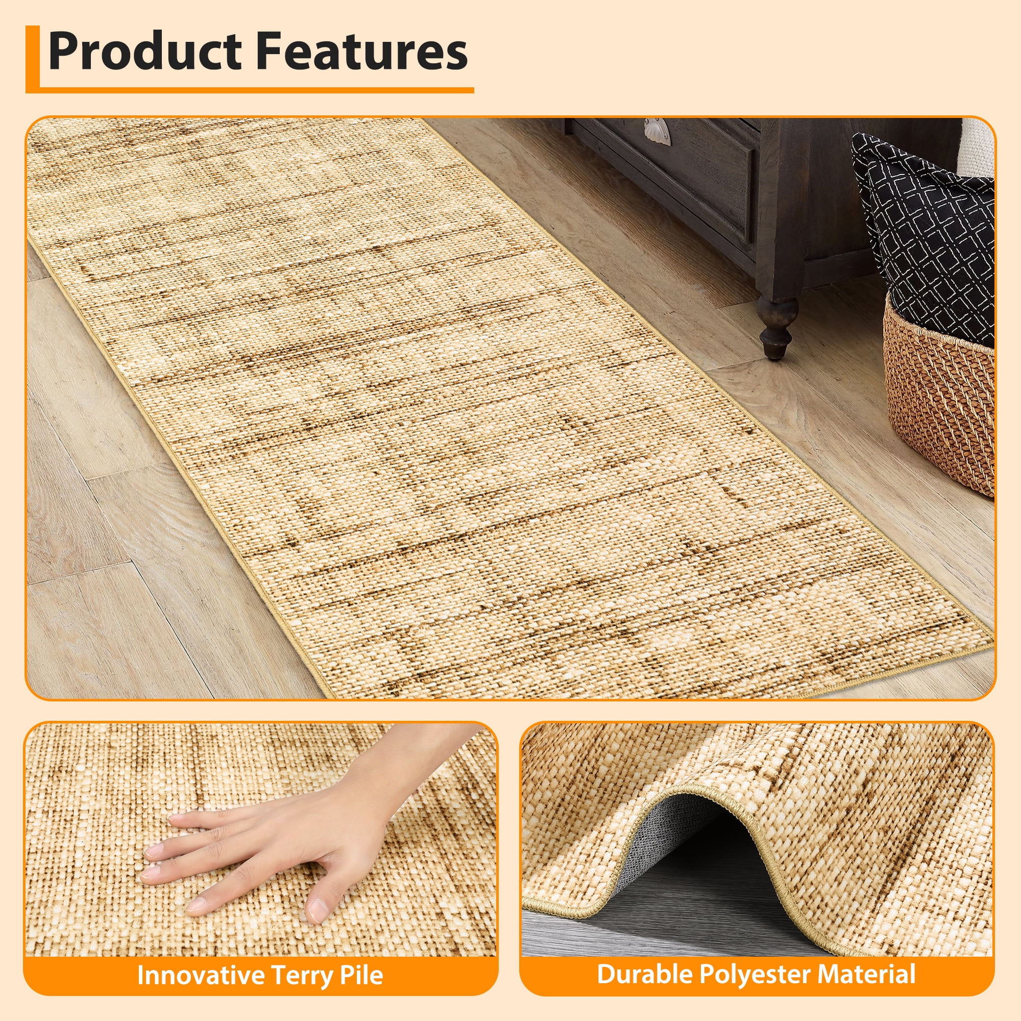 FairOnly 8'x10' Linen Machine Washable Area Rugs for Kitchen Family Room Low Pile Stain-Resistant Rugs Natural Carpet