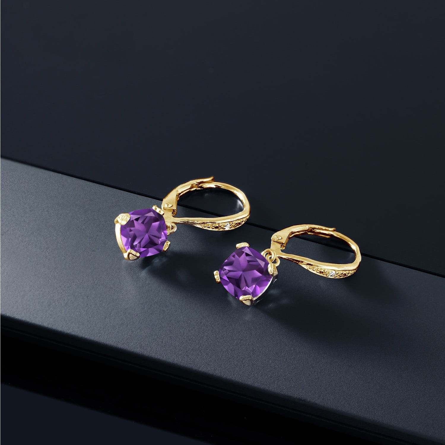 Gem Stone King 18K Yellow Gold Plated Silver Purple Amethyst and White Diamond Earrings for Women (2.81 Cttw, Gemstone February Birthstone, Cushion 7MM)