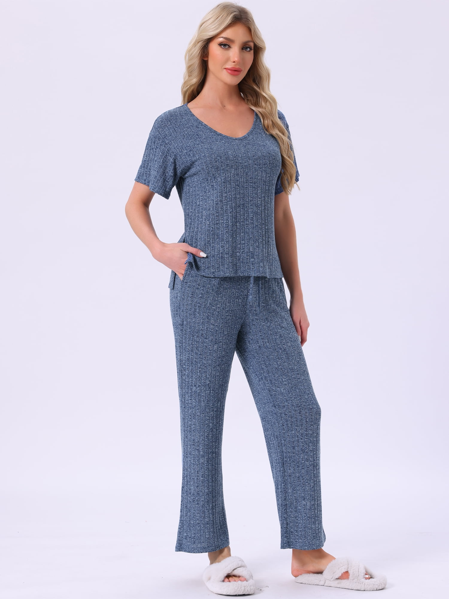 DARING DIVA Pajama Set Ribbed Knit Top Drawstring Pants 2 Pieces Outfit 2XL Blue