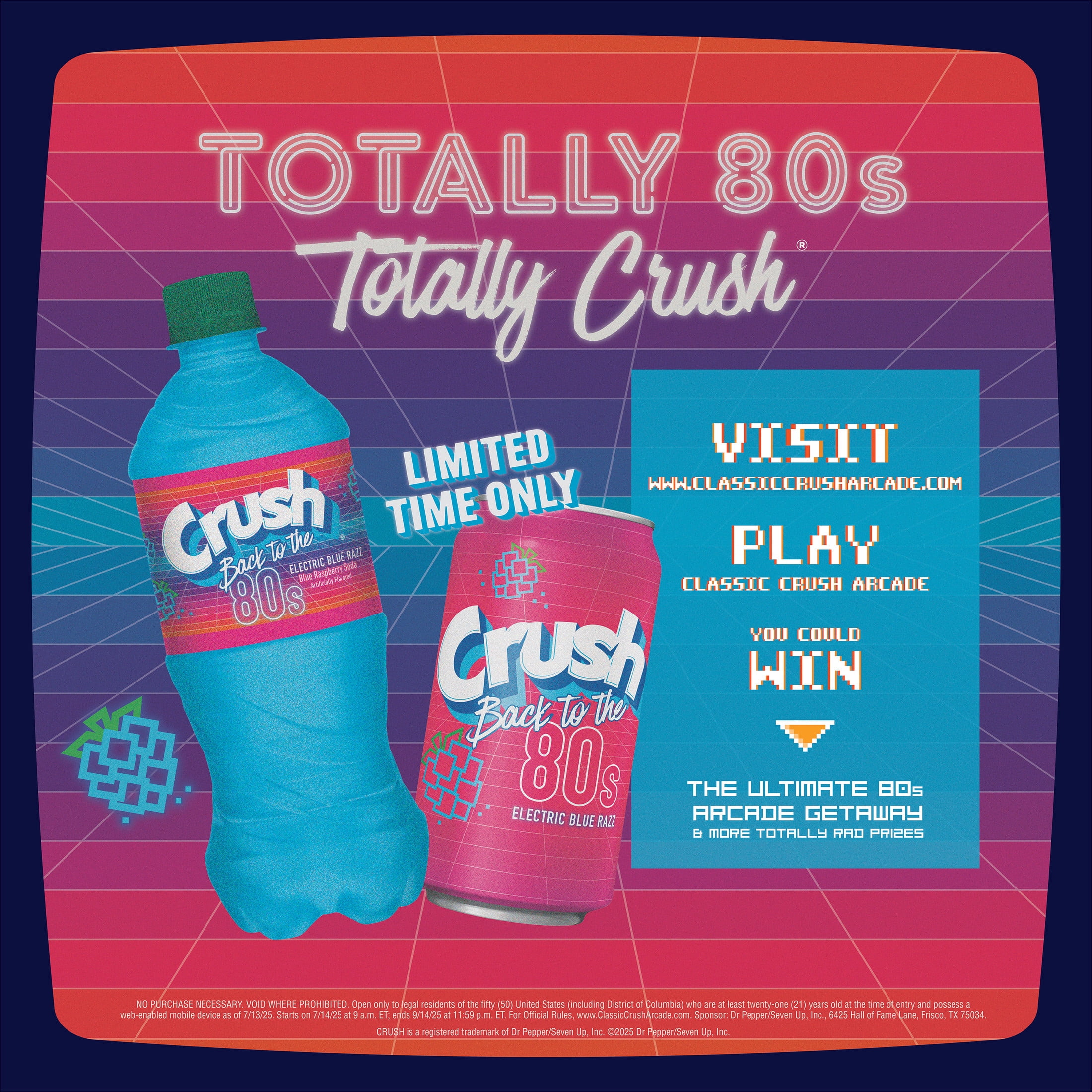 Crush Caffeine Free Back to the 80's Electric Blue Razz Soda Pop, 12 fl oz, 12 Pack Cans