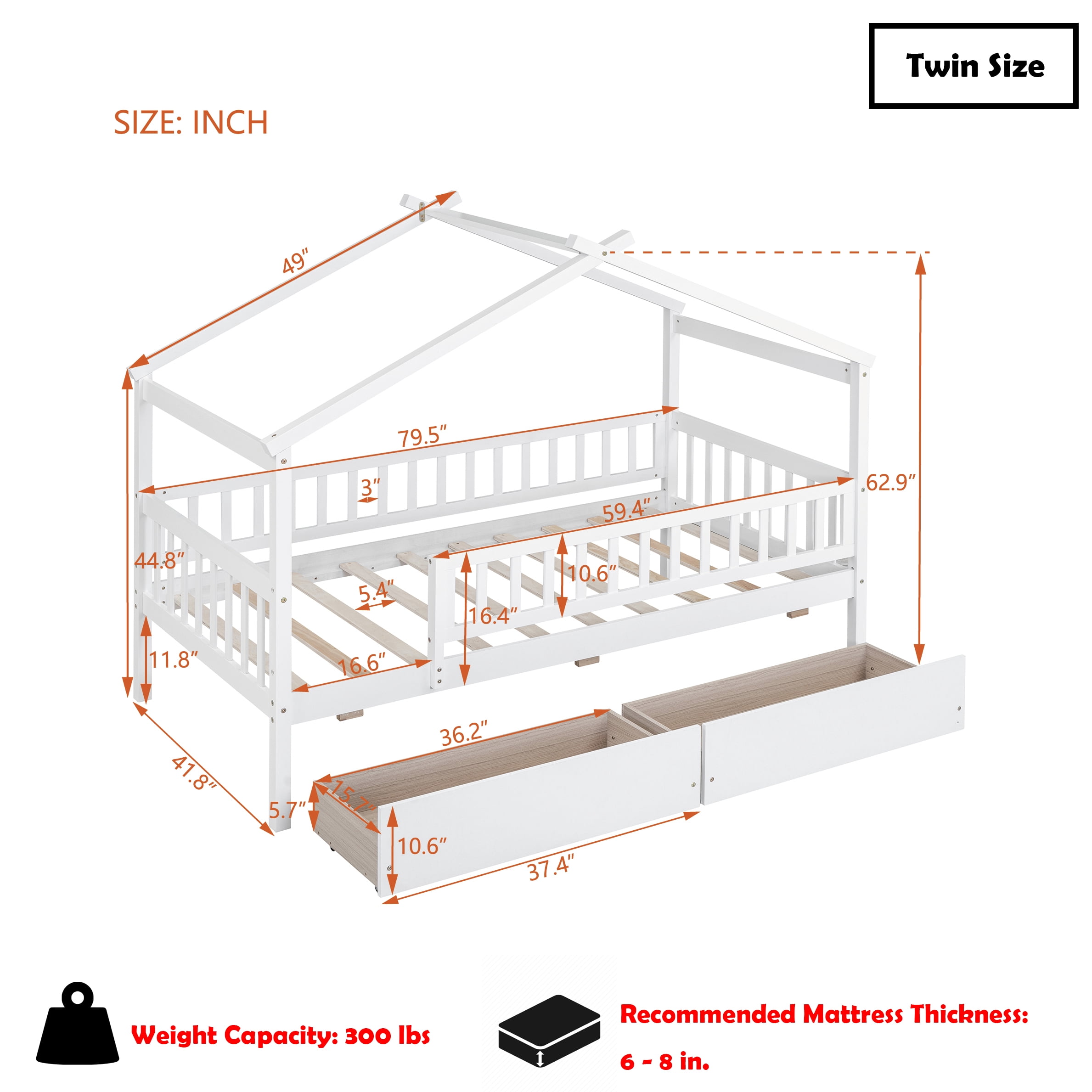 Bellemave Twin Size House Bed with Storage Drawers Playhouse Platform Bed Wooden House-shaped Bed Frame with Fence Guardrail (Twin size, White)